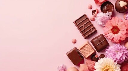 Top View of Valentine day banner design of a collection bars of chocolate and pink flower sprinkles