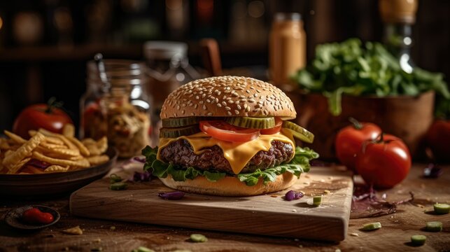 Hamburger on a wooden plate with a blurred background