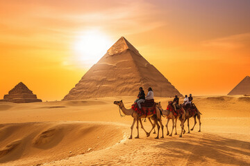 Fototapeta na wymiar 석양의 피라미드와 낙타 사진. 인공지능 생성