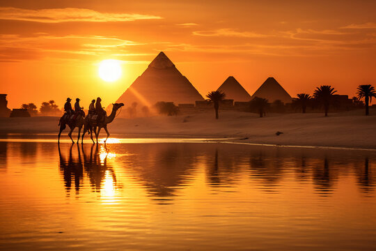 석양의 피라미드와 낙타 사진. 인공지능 생성