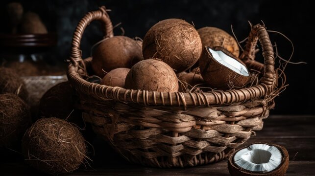 Close up coconuts fruits in a bamboo basket with blurred background