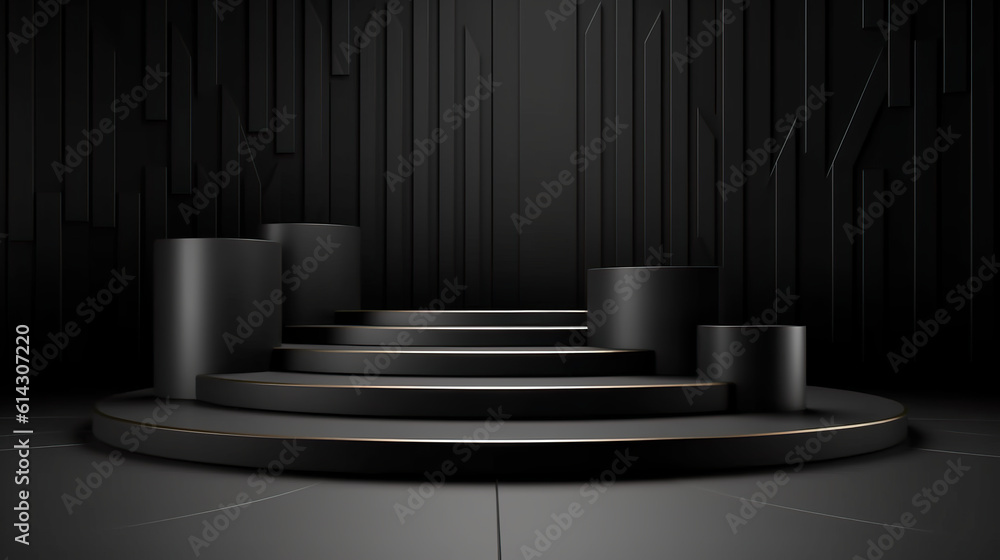 Aufkleber a black stage with three columns and a light. generative ai. beauty product podium with copy space.