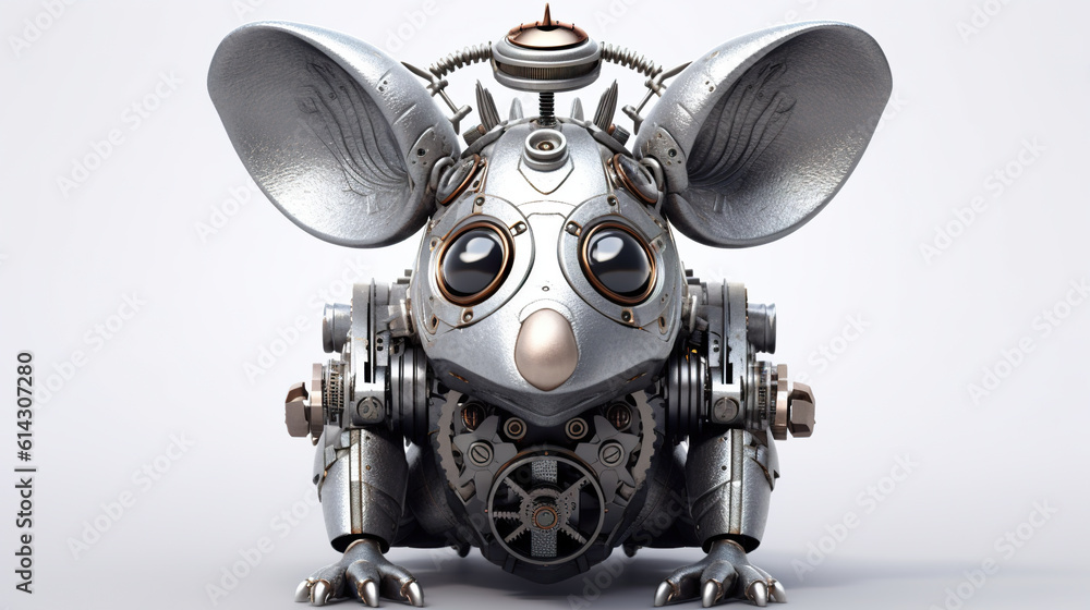 Poster a metal mouse with a clock on it's head. generative ai. mechanical creature.