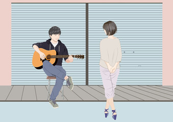 路上でギターを弾く男性、聴く女性イラスト
