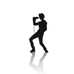 Fototapeta na wymiar silhouette of a singer standing holding a mic, stylish, shouting and singing a song, musician, band, singing