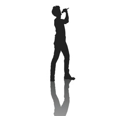 silhouette of a singer standing holding a mic, stylish, shouting and singing a song, musician, band, singing