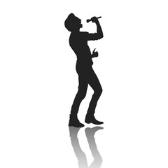 Fototapeta na wymiar silhouette of a singer standing holding a mic, stylish, shouting and singing a song, musician, band, singing