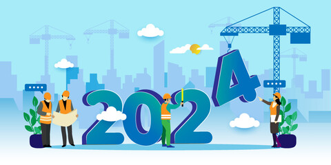 Construction team sets numbers for New Year 2024 Concept. Cartoon Vector People Illustration