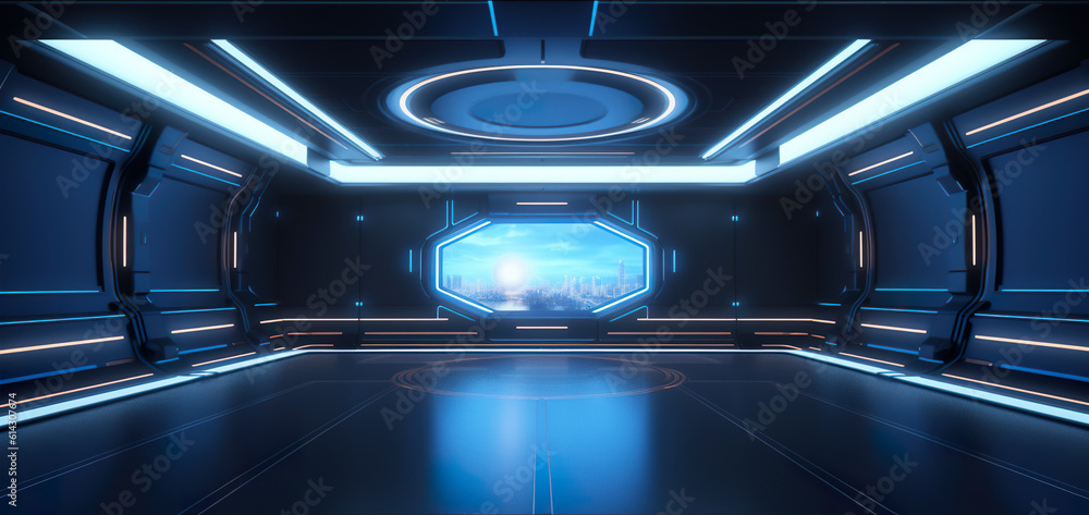 Aufkleber a futuristic sci - fi space station with a window. generative ai. empty digital stage, mockup.