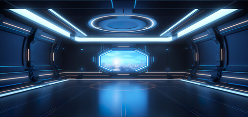 Fototapeta na wymiar A futuristic sci - fi space station with a window. Generative AI. Empty digital stage, mockup.