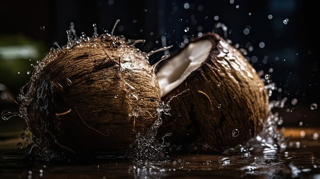Close-up coconut fruits hit by splashes of water with black blur background