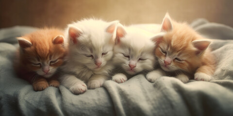 Obraz premium A group of kittens laying on top of a bed. Generative AI.