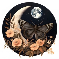 Night Moth and Floral Half Moon White Background