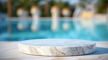 empty wooden, pebble, marmer, marble table blurred pool water