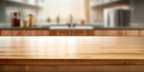 empty wooden table blurred kitchen 