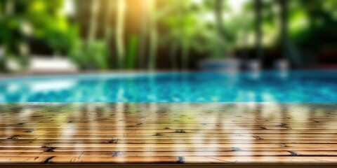 empty wooden table pool water
