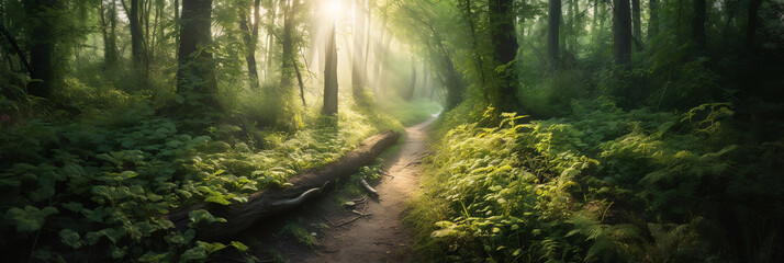 Fototapeta na wymiar a path through a lush green forest with sunbeams, Generative AI
