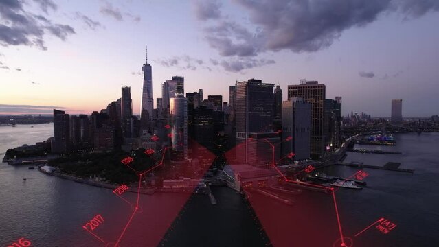 Energy prices rising concept, Sunset Manhattan NYC skyline background - 3D animation