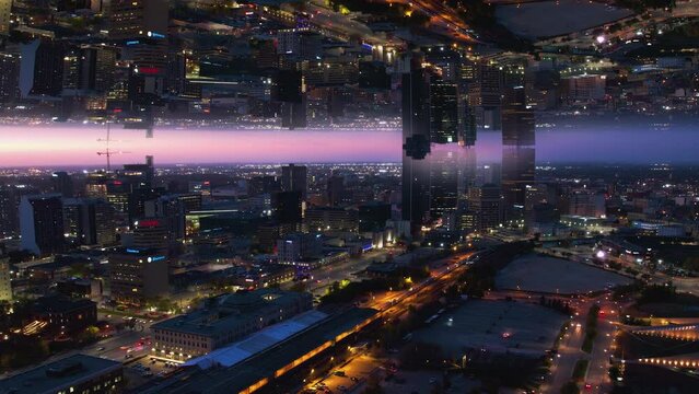 Mirroring sky replacement effect, futuristic colorful, sunset city downtown