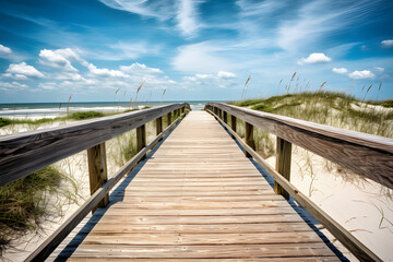 Obraz premium Wooden walkway through dunes to the sea