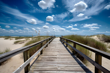 Wooden walkway through dunes to the sea