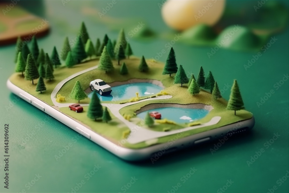 Poster gps map position location mobile phone navigation direction travel point. generative ai.