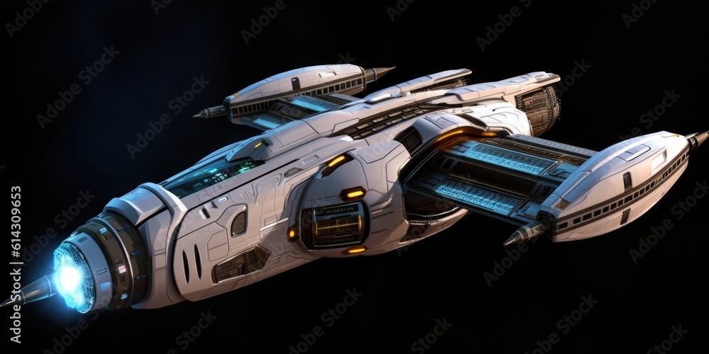 Poster the advanced and futuristic exploratory science carrier spaceship. generative ai aig27.