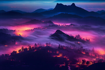 Colorful fantastical cyberpunk lava with mountains at night Generative AI