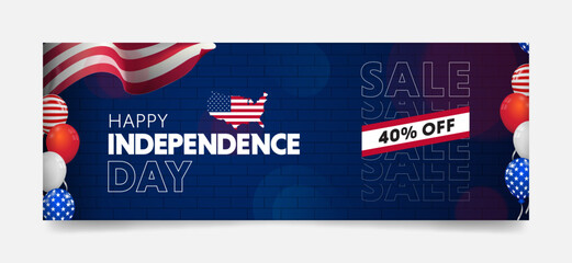 happy independence day sale banner for web, ad, social media template with editable. blue background with star, flag, balloon
