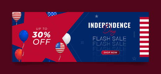 USA independence day flash sale web, ad, social media banner template with editable. blue background with star, balloon design