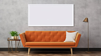 A living room with an orange couch and a lamp. Generative AI. Poster canvas mockup.