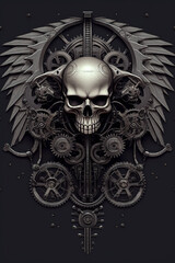 A metal skull with wings and gears on a black background. Generative AI.