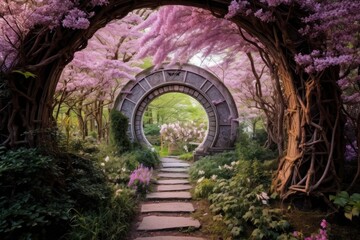 Obraz premium A mystical portal surrounded by blooming flower arches leading to an enchanting secret garden. Generative AI