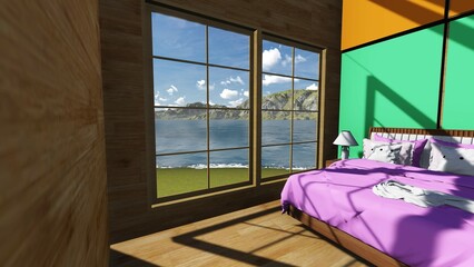 3d rendering of bedroom interior with lake view 