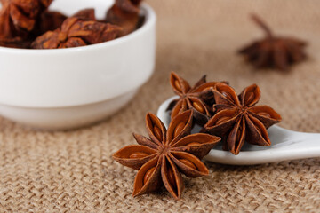 star anise in a white ceramic spoon on burlap, close-up