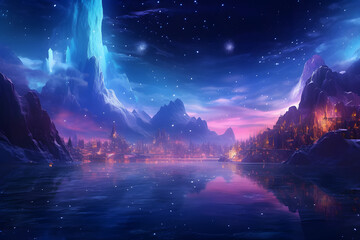 Fototapeta na wymiar colorful aurora over the lake with stars and coud