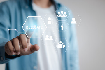 Delegation concept. Business work organization and management. Supervisors delegate work rights to...