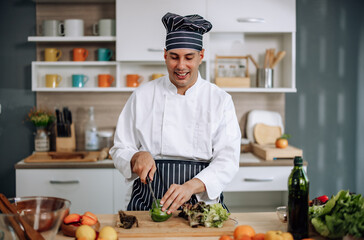 The professional master chef prepares a bowl of various types of fruit and vegetable salad with great passion and enthusiasm. Expertly mix all the ingredients and materials with care and precision.