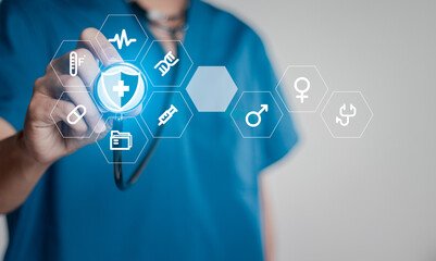 Doctor with stethoscope touching on medical technology icons on virtual screen. medical concept