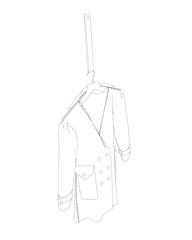 Fashionable outerwear coat outline, cloak sketch, contour. Jacket hangs on a hanger.