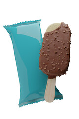 Chocolate covered ice cream with packet 3d render mockup.PNG file