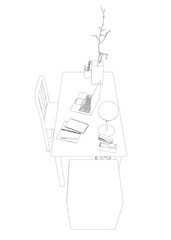 Empty Workplace outline, Desk Chair Computer Workspace Office No People. Office workplace flat design. Creative workplace modern open space empty nobody office interior contemporary.