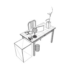 Empty Workplace wireframe, Desk Chair Computer Workspace Office No People. Office workplace flat design. Creative workplace modern open space empty nobody office interior contemporary. 3D.