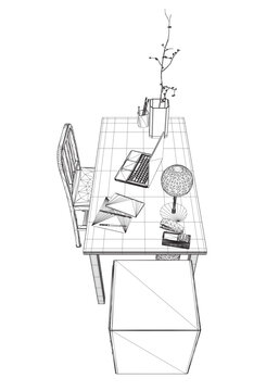 Empty Workplace wireframe, Desk Chair Computer Workspace Office No People. Office workplace flat design. Creative workplace modern open space empty nobody office interior contemporary. 3D.