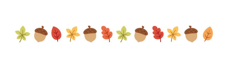 Autumn leaves and acorn separator border for Fall and Thanksgiving season. Vector isolated on white background.