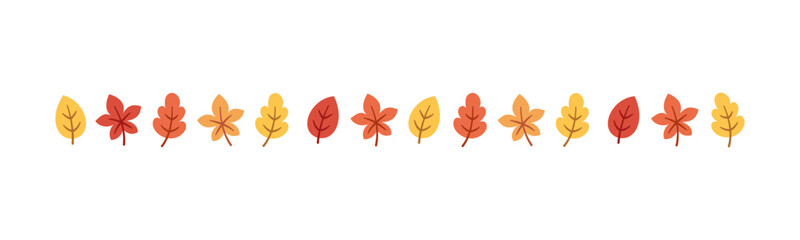 Autumn leaves separator border in orange and red colors for Fall and Thanksgiving season. Vector isolated on white background.