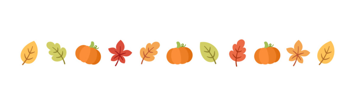 Autumn leaves and pumpkins separator border for Fall and Thanksgiving season. Vector isolated on white background.