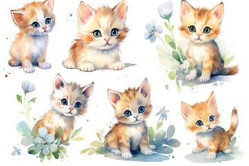 Set of watercolor baby kittens with flowers. Sweet and pretty kitties. White background. Generative AI