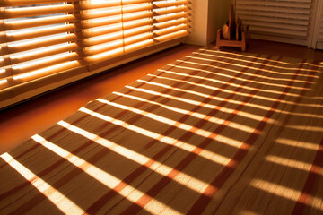 햇빛이 내리쬐는 사무실 바닥에 블라인드가 드리운 줄무늬 그림자. 인공지능 생성