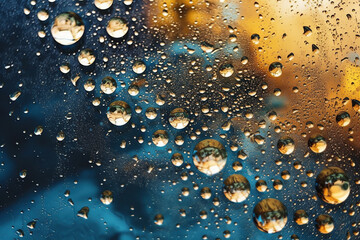 water drops on golden glass close blur shot